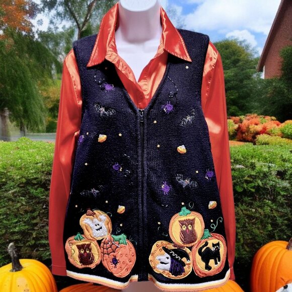 Tiara International Halloween Sweater Vest Large Candy Corn Witch Owl Ghost Appl - Picture 1 of 10